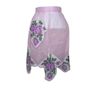 Vintage Handmade Sheer Pink Half Apron Floral Vintage Linen Hanky Trim & Pocket